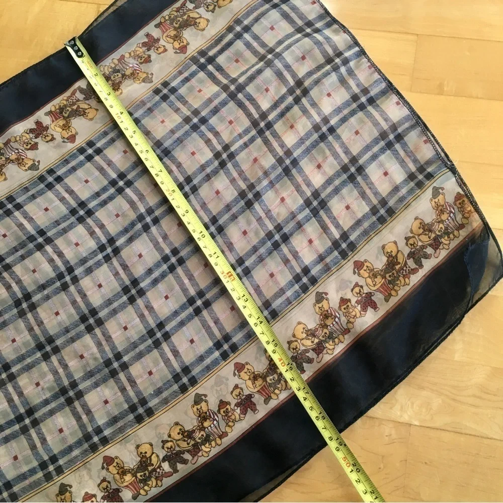 Teddy Bear and Plaid Semi Sheer Scarf, Brown, Tan, Black, Red